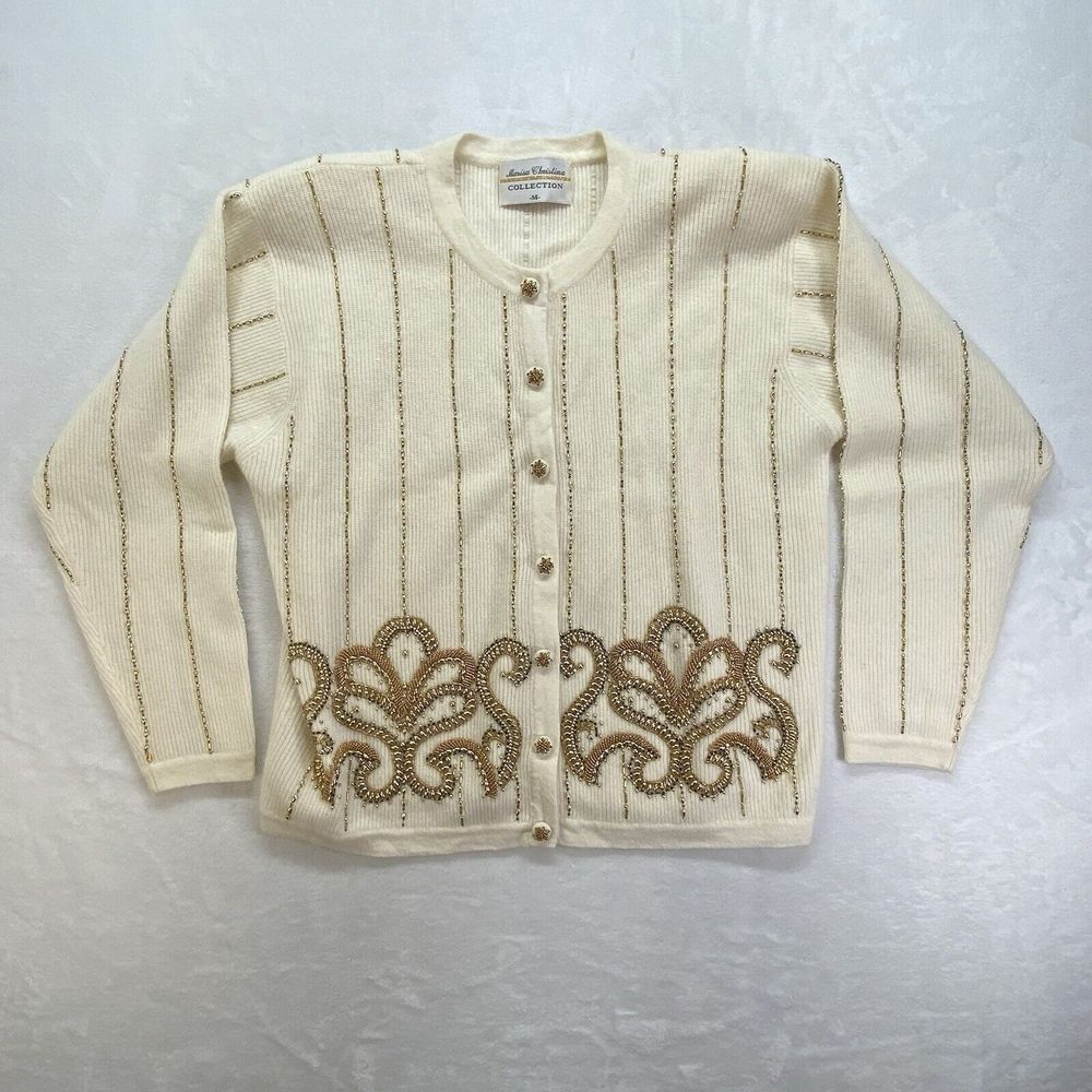 Marisa Christina Cardigan Sweater Womens Medium VTG 80s 90s Beaded Sequins Cream